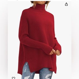 Women’s Red Oversized Turtleneck Sweater with Batwing Sleeves